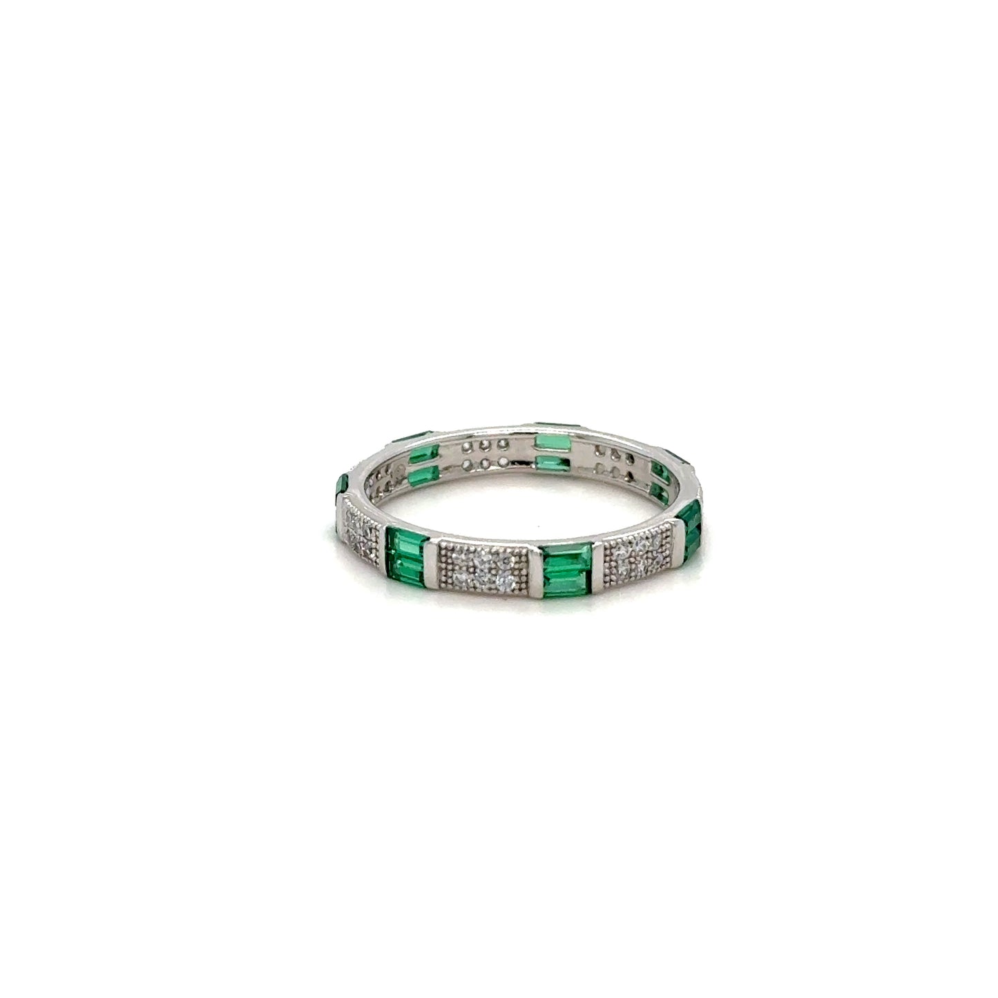 GREEN FANCY BAGUETTE SILVER RING