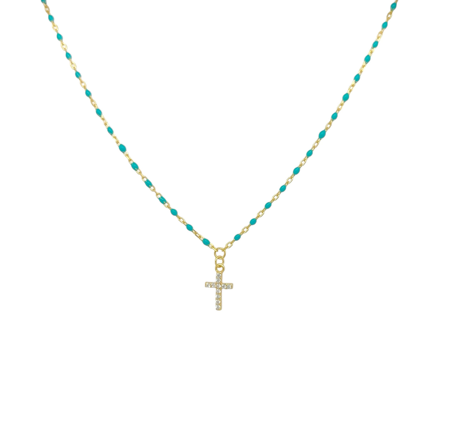 Gold Tiny Cross Necklace with Blue Beads and Gold Chain