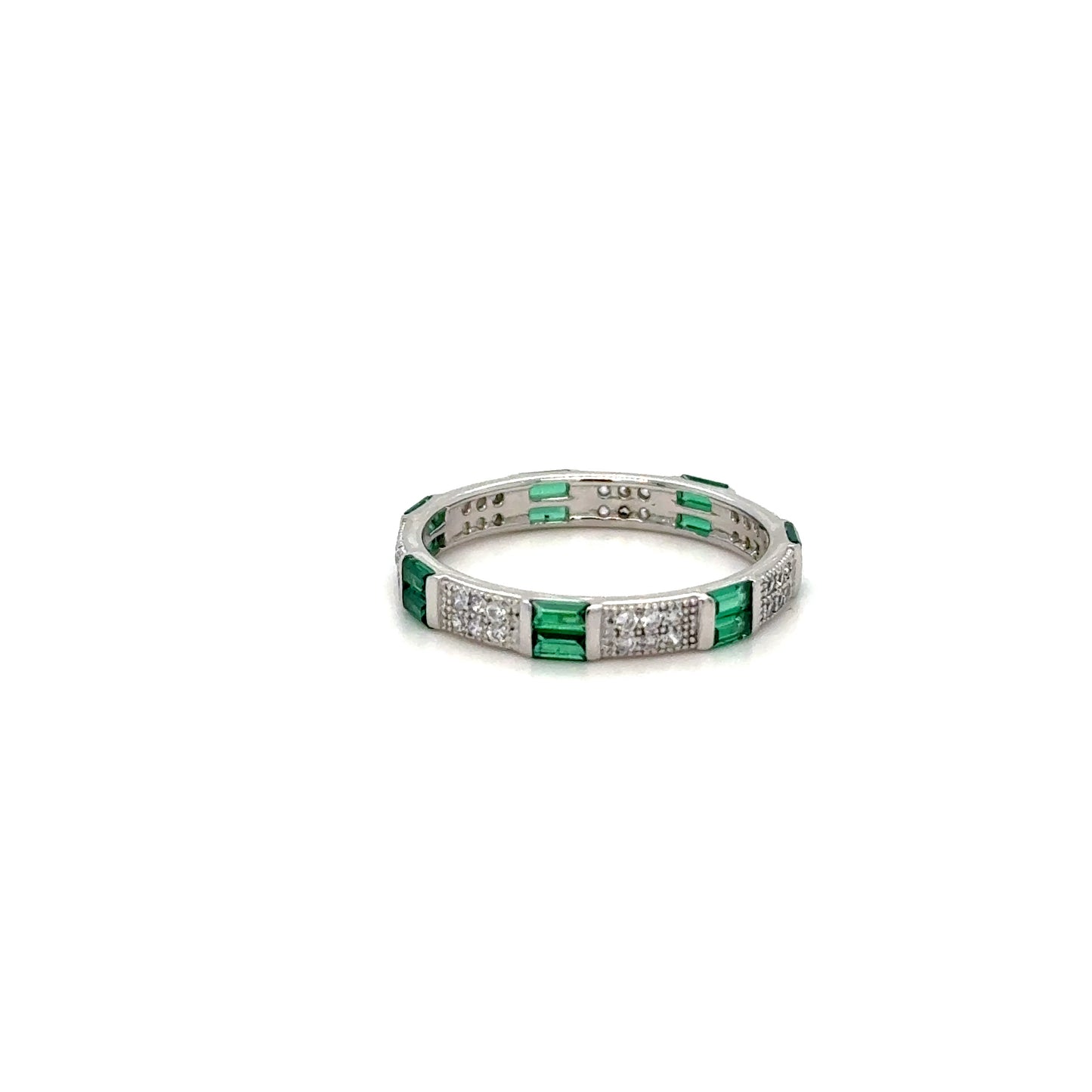 GREEN FANCY BAGUETTE SILVER RING