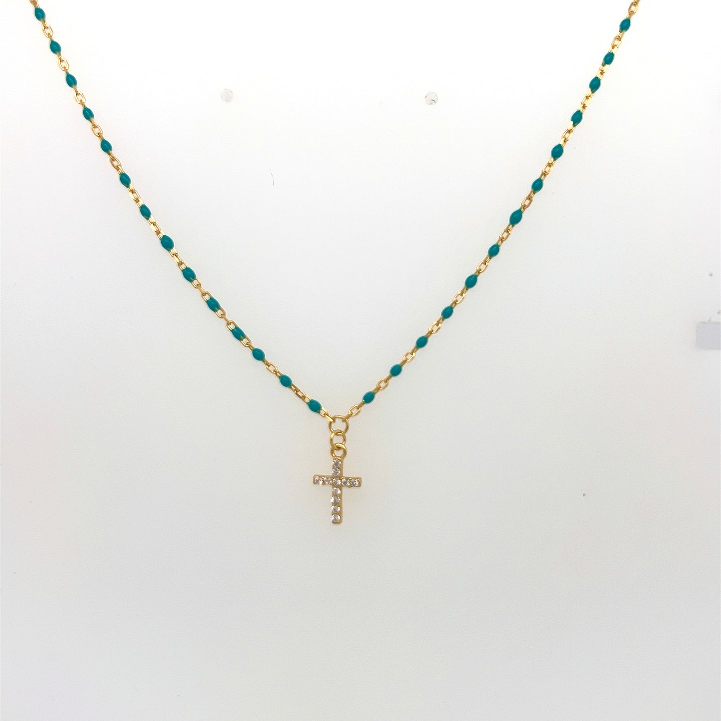 Gold Tiny Cross Necklace with Blue Beads and Gold Chain