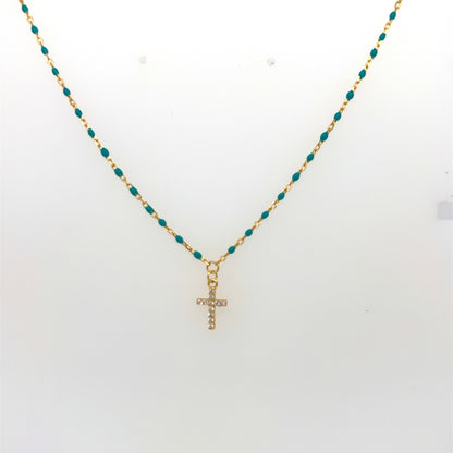 Gold Tiny Cross Necklace with Blue Beads and Gold Chain